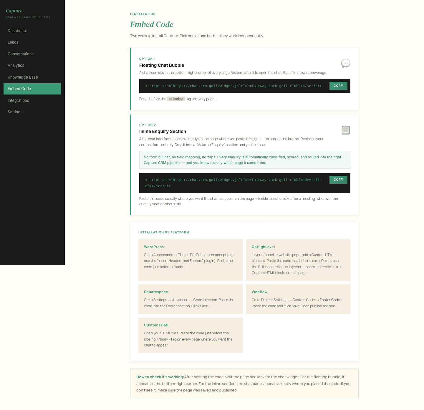 The Embed Code page, showing the installation snippet ready to copy