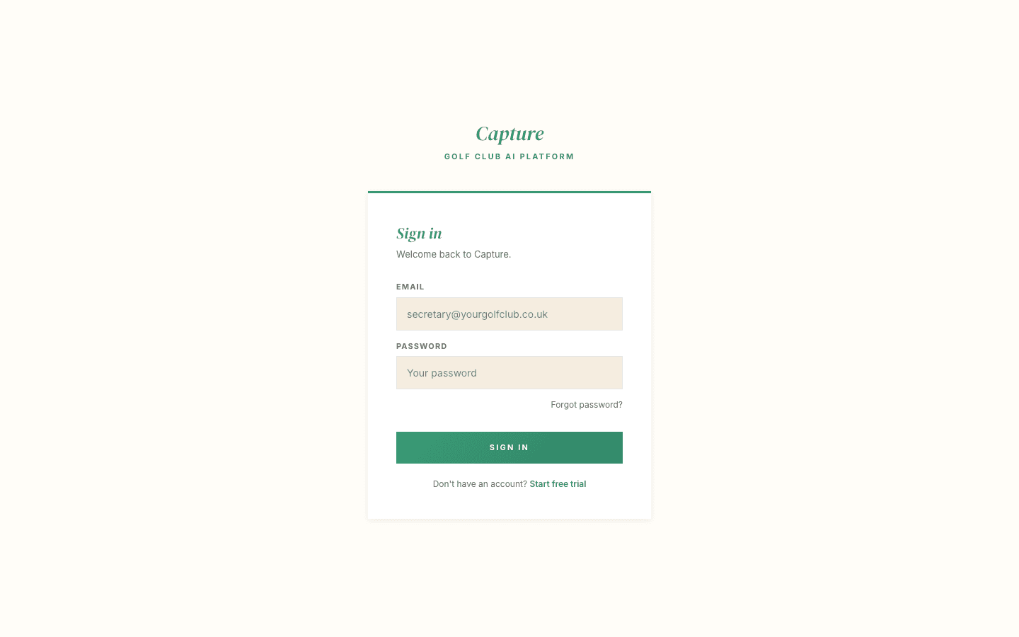 The Capture login page, showing the email and password fields with the Forgot password link underneath