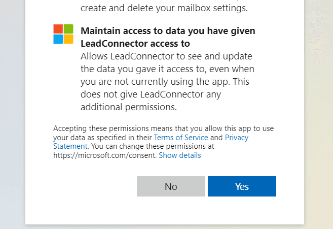 Click Yes to grant inbox access